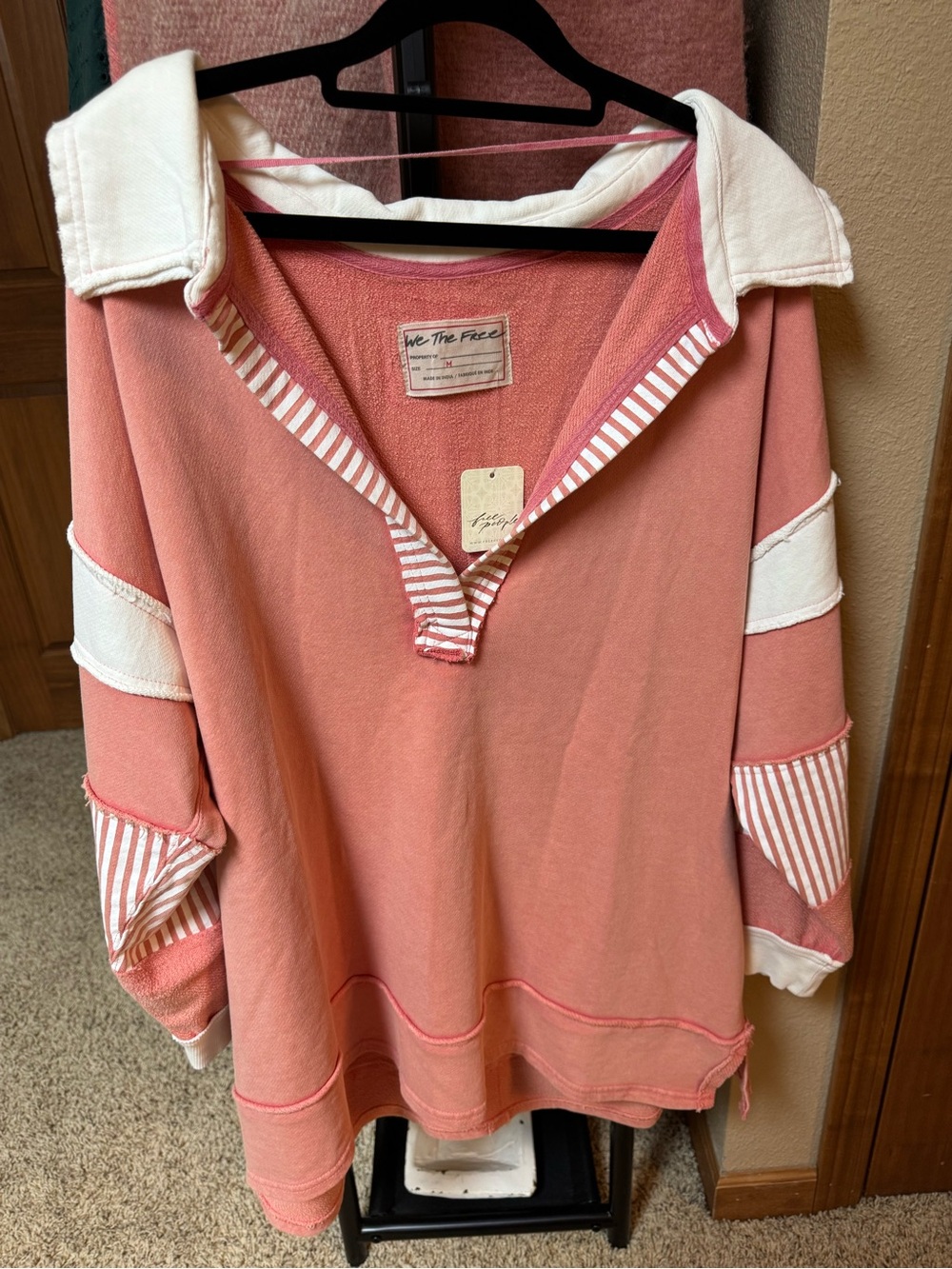 Free People Coral Pink Striped V‑Neck Pullover